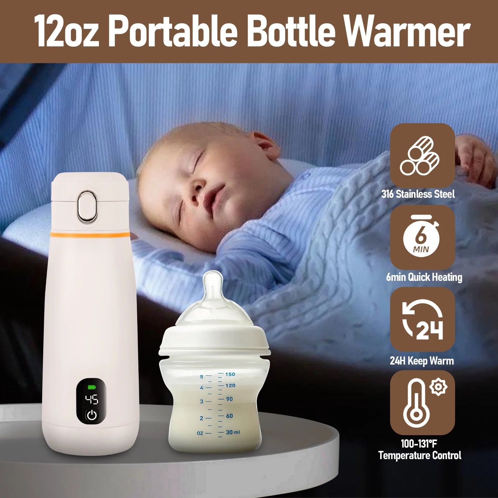 Portable Bottle Warmer for Travel 12Oz/350Ml Capacity Portable Milk Warmer for Baby Breast Milk & Water, Rapid Warming with LED Display