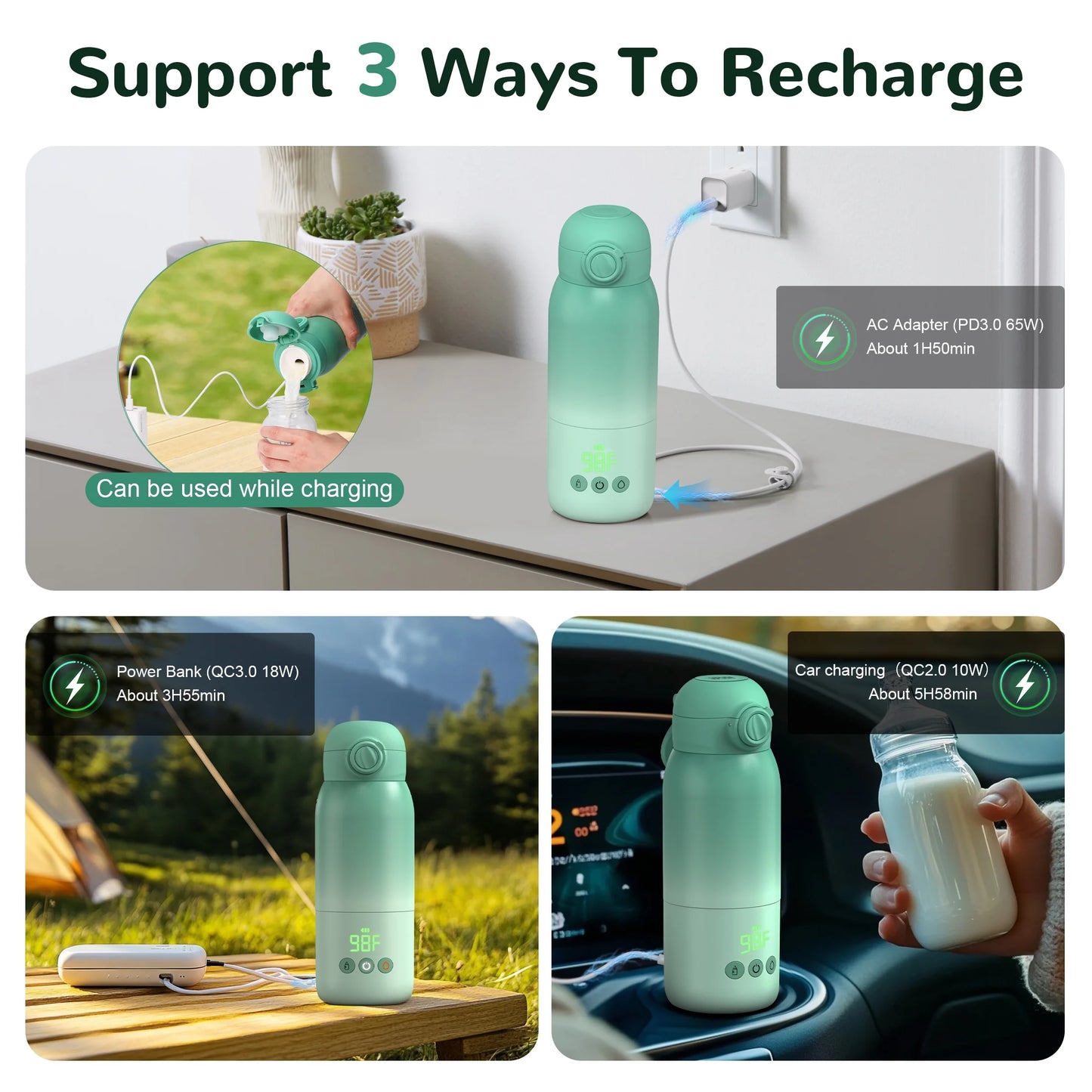 Baby Bottle Warmer, Dual Heating Modes for Breast Milk and Water, 12 OZ Portable Milk Warmer, Green